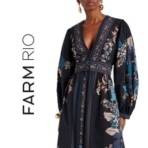 farm rio blossom tapestry black midi dress FARM Rio | Light Blue Blue Garden Tapestry Midi dress | Woman